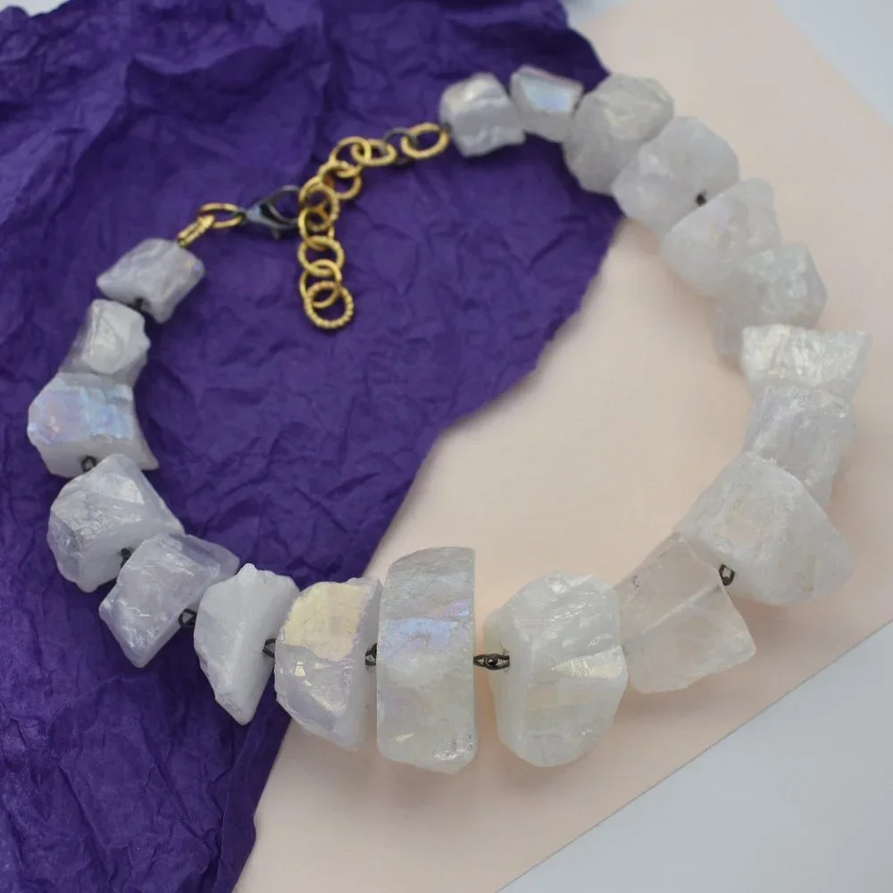 Super chunky raw gemstone necklace, accent angel aura quartz crystal collar